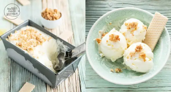 Erfrischendes zitroneneis selber machen: cremiges Eis in einer Form und Kugeln in einer Schale, garniert mit Krümeln und Waffeln.