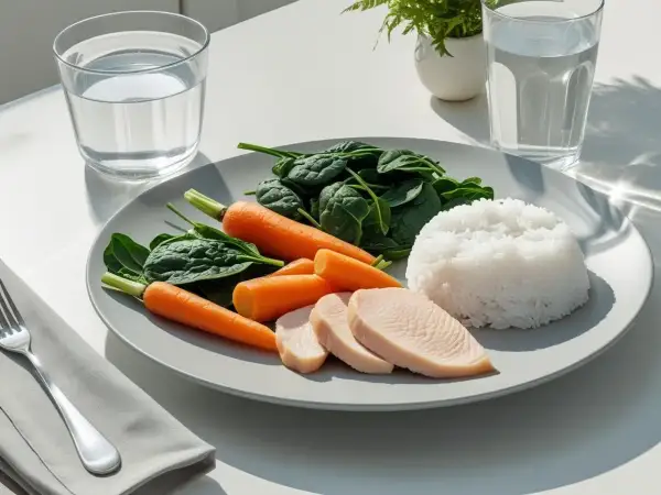 Łagodny posiłek na talerzu: gotowany kurczak, ryż, marchewka i szpinak. Idealny jadłospis dieta wrzodowa.