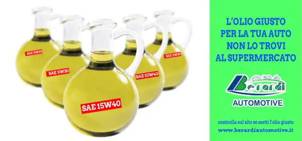 Bottiglie di olio motore con etichette SAE 5W30, 10W40, 15W40. Scopri che olio motore usare su Berardi Automotive.
