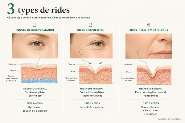 Trois types de rides expliqués : déshydratation, expression et installées. L'image montre des schémas de peau illustrant les causes des rides et ridules.