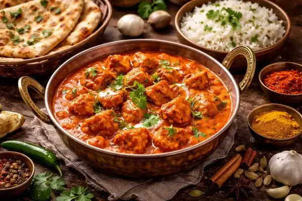 En härlig indisk sås med köttbullar i en koppartunna, serverad med naanbröd och ris. Kryddor som gurkmeja och chili syns bredvid.