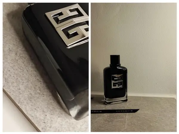 Elegancka, czarna butelka perfum Givenchy Gentleman Society z charakterystycznym, srebrnym logo.