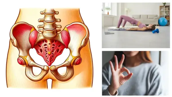 Illustrazione anatomica del bacino e del pavimento pelvico, donna che fa esercizio a casa, mano che fa il gesto OK.