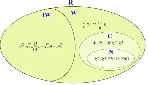 Diagram zbiorów liczb rzeczywistych (R) z podziałem na liczby niewymierne (IW) i wymierne (W), zawierający przykłady liczb.