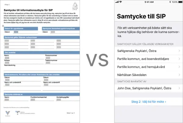 Samtycke till informationsutbyte för SIP, en samordnad individuell plan, visas på papper och mobil.