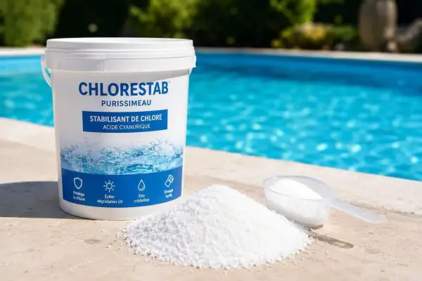 Un seau de stabilisant de chlore Chlorestab et une cuillère doseuse près d'une piscine. Idéal pour éviter que le bassin trop bas ne perde son chlore.