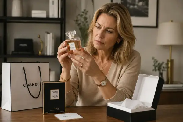 Kobieta sprawdza, jak sprawdzić czy perfumy są oryginalne, trzymając flakonik Chanel Coco Mademoiselle. Obok pudełko i torba.