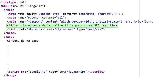 Code html montrant la balise title pour le SEO.