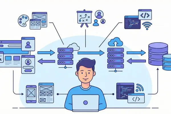 Un programador full stack diseña interfaces, gestiona servidores y bases de datos, y escribe código.