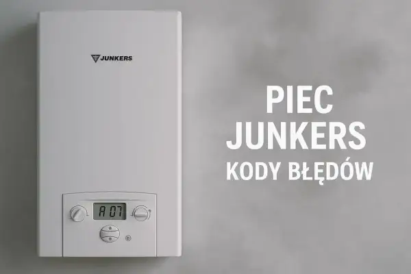 Biały piec Junkers z wyświetlaczem "A 07". Obok napis "PIEC JUNKERS KODY BŁĘDÓW", pomocny przy diagnozie awarii.
