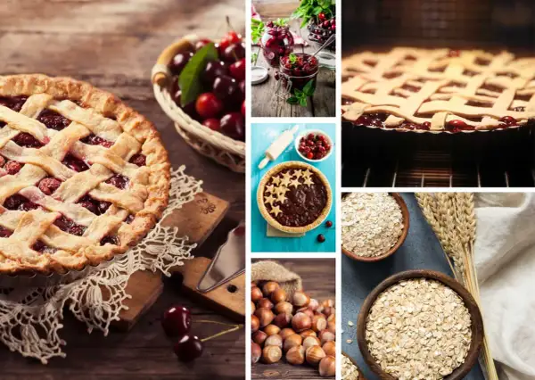 Eine köstliche Linzer Torte mit Kirschfüllung, frische Kirschen, Nüsse und Haferflocken.