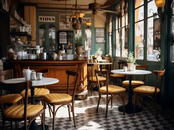 Przytulne bistro i restauracja z drewnianym blatem, żółtymi krzesłami i stolikami. W tle widać okna i zielone drzwi.