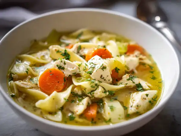 En skål med värmande kycklingsoppa med nudlar, morötter och selleri. Ett perfekt kycklingsoppa recept för kalla dagar.