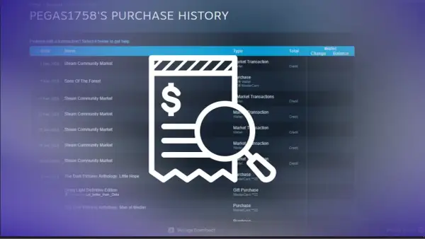 Ikona paragonu ze znakiem dolara i lupą na tle historii zakupów na Steam.