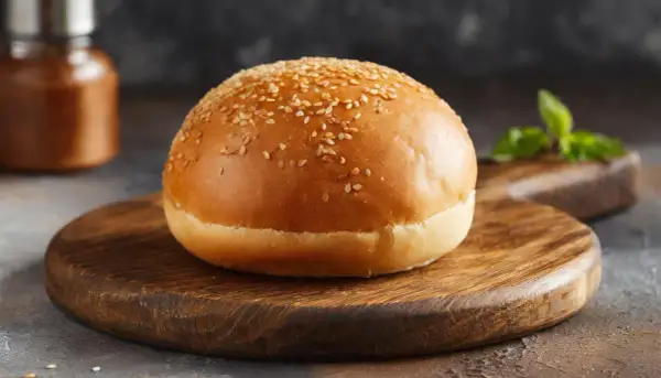 Ein goldbrauner Burger-Bun mit Sesam bestreut, liegt auf einem rustikalen Holzbrett.