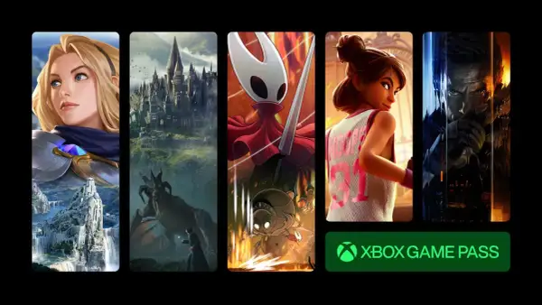 Kolaż z gier: postać z LoL, Hogwart, Hollow Knight, postać z gry sportowej, postać z gry akcji. Logo Xbox Game Pass.