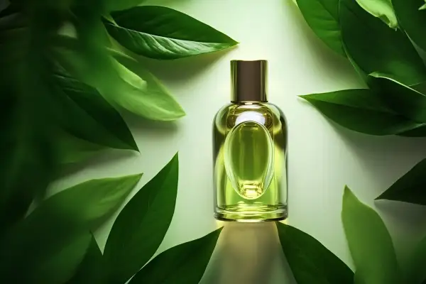 Perfumy o zapachu drzewa cedrowego otoczone soczystą zielenią.