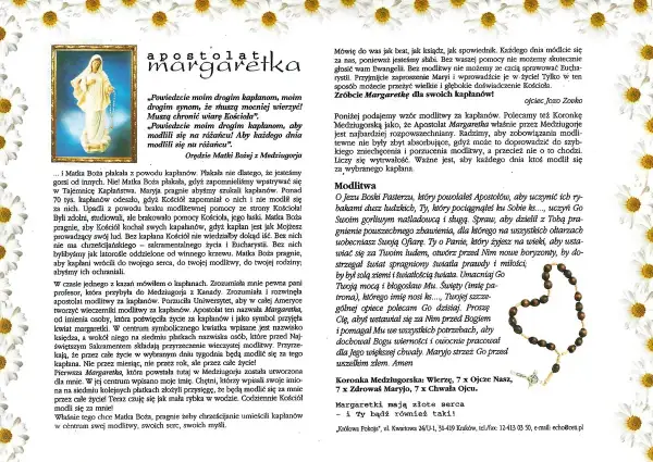 Modlitwa do św. Jacka i Matki Bożej z Medziugorja. Obraz Matki Bożej i tekst o apostolacie Margaretka.