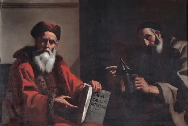 Dwóch mężczyzn, jeden z białą brodą, trzyma księgę z napisem "CAVSA CAVSARVM MISERERE". Drugi wskazuje na przyrząd, symbol racjonalizmu.