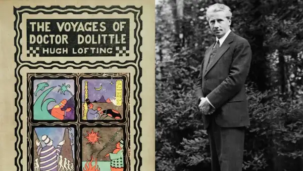 Okładka książki "The Voyages of Doctor Dolittle" Hugh Loftinga i czarno-białe zdjęcie autora.