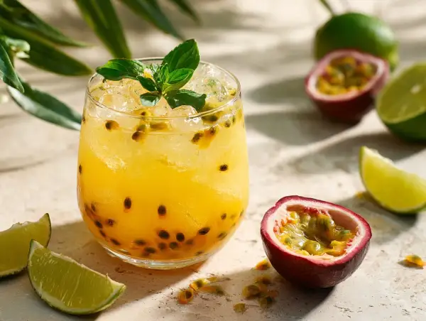 En uppfriskande Pornstar Martini med passionsfrukt och lime, garnerad med mynta.