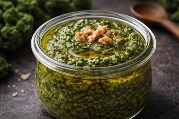 Słoik pełen aromatycznego pesto z jarmużu, ozdobiony orzechami. Idealny dodatek do makaronu lub kanapek.