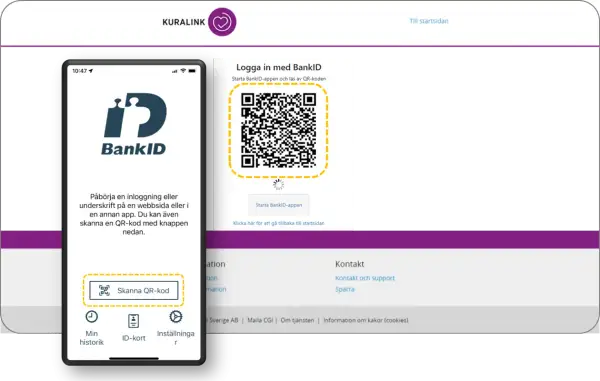 Mobiltelefon visar BankID-app för att skanna QR-kod på datorn för inloggning.