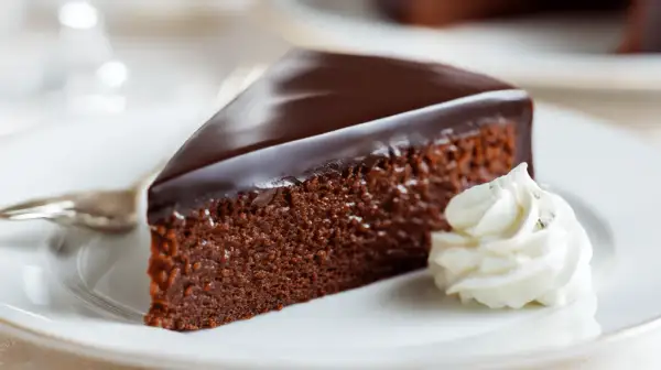 Ein Stück Sachertorte, wie im Sachertorte Rezept Original Lafer, mit glänzender Schokoladenglasur und einem Klecks Schlagobers auf einem weißen Teller.