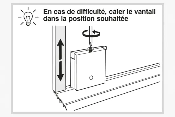Instruction pour enlever porte coulissante sur rail. Un vantail est montré en cours de retrait, avec une flèche indiquant le mouvement vertical.
