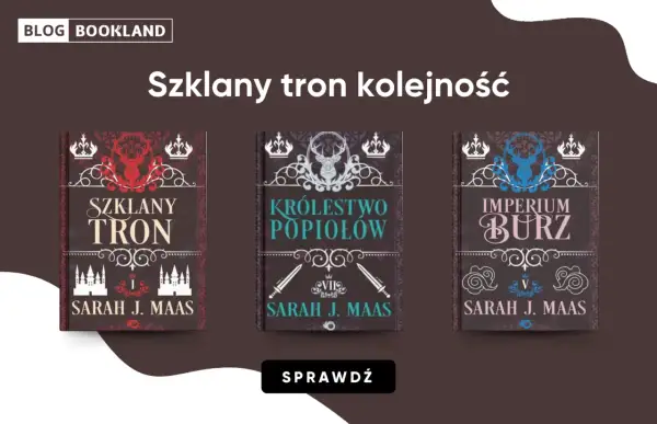 Okładki książek "Szklany tron", "Królestwo popiołów" i "Imperium burz" autorstwa Sarah J. Maas.