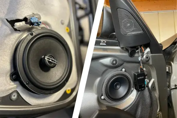 Installazione di un nuovo sound system auto: altoparlanti Hertz e Audison montati su una portiera.