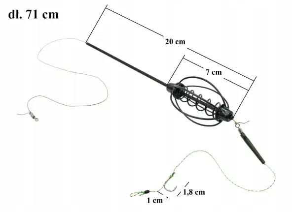 Zestaw na szczupaka z gruntu: 71 cm długości, koszyczek 7 cm, haczyk 1,8 cm. Idealny na drapieżniki.