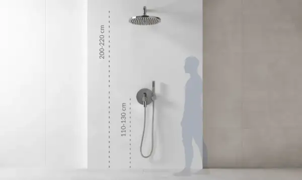 Wysokość montażu baterii prysznicowej: deszczownica 200-220 cm, panel sterujący 110-130 cm.