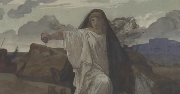 Antygona w białej todze i czarnym welonie, trzymająca miecz, na tle krajobrazu z miastem.