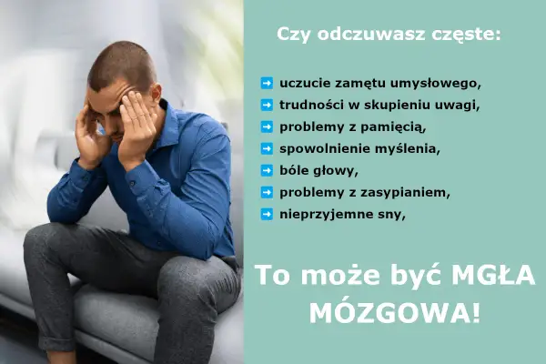 Mężczyzna z problemami z myśleniem, bólem głowy i mgłą mózgową.