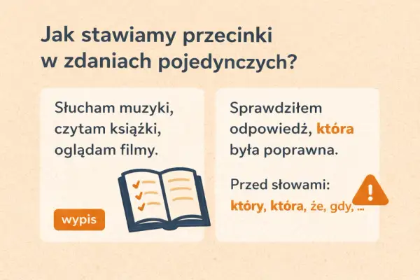 Jak nauczyć się stawiać przecinki? Przykład: "Sprawdziłem odpowiedź, która była poprawna." Przecinki stawiamy przed "który", "która", "że", "gdy".