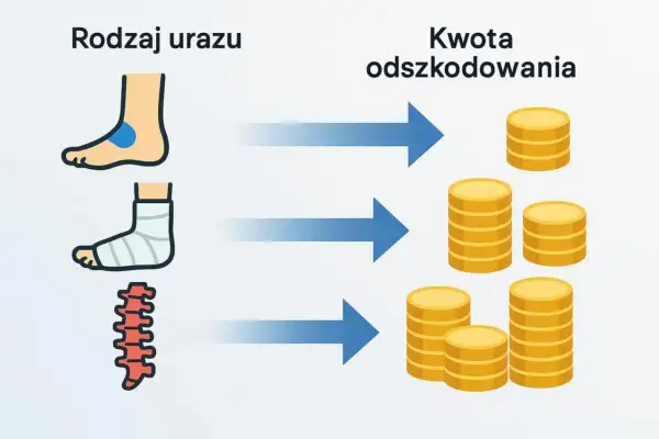 Ilustracja pokazuje, jak rodzaj urazu (stopa, noga w gipsie, kręgosłup) wpływa na wysokość odszkodowania od sprawcy.