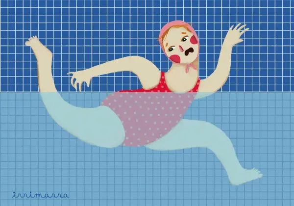A swimmer with a distressed expression struggles in a pool, perhaps wondering, "Can you be allergic to chlorine?