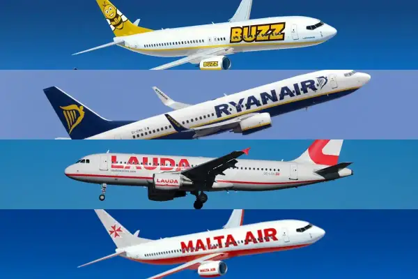 Samoloty Buzz, Ryanair, Lauda i Malta Air na tle błękitnego nieba.