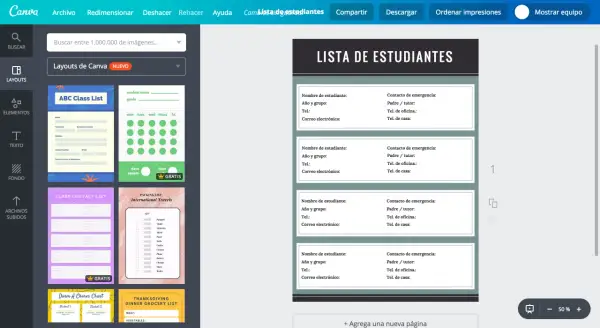 Plantilla de ficha del alumno con campos para nombre, contacto de emergencia y detalles del estudiante.