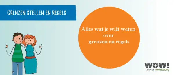 Twee getekende personen, een man en een vrouw, staan naast elkaar. De tekst "Grenzen stellen en regels" en "Alles wat je wilt weten over grenzen en regels" suggereert dat dit gaat over het creëren van structuur, wat soms kan leiden tot geen warme famil...