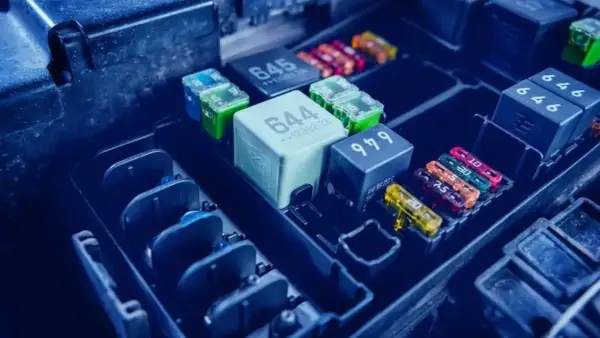 Caja de fusibles de coche con varios fusibles de colores y relés.