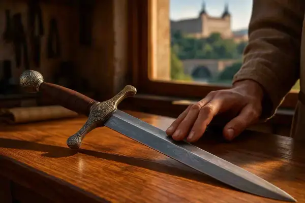 Una mano acaricia una espada con empuñadura ornamentada, un ejemplo de los legendarios aceros de Toledo, con una vista de la ciudad al fondo.