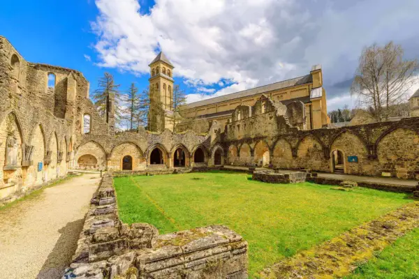 Rovine di antiche abbazie trappiste in Belgio, con un cortile erboso e un campanile sullo sfondo.
