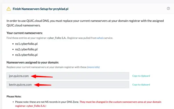 Konfiguracja QUIC.cloud DNS dla domeny przyklad.pl. Zmień obecne serwery nazw na jon.quicns.com i kevin.quicns.com.