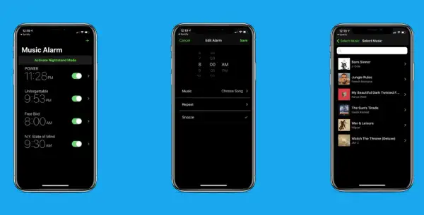 Interface d'un réveil Spotify sur Android, permettant de choisir des musiques pour se réveiller.