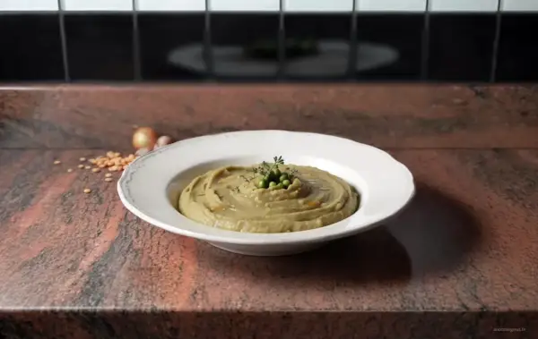 Une assiette de purée de pois cassés, garnie de petits pois et d'herbes, sur un plan de travail en granit.