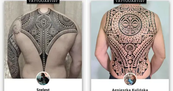 Plecy ozdobione skomplikowanymi wzorami tribal. To sztuka tatuażu, która opowiada historie.