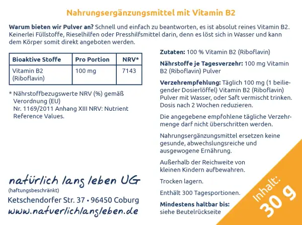 Reines Vitamin B2 (Riboflavin) Pulver, 100 mg pro Portion. Die Riboflavin wirkung unterstützt den Körper, löst sich gut in Wasser. 30g Inhalt.