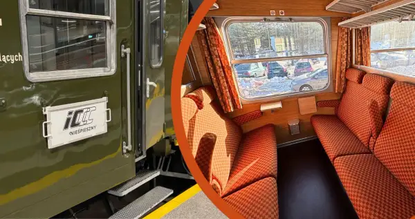 Wnętrze pociągu z pomarańczowymi siedzeniami i widokiem na śnieg za oknem. Zewnętrzna część wagonu z napisem "Nieśpieszny", jakby podróżował z Tarnowa do Lublina.